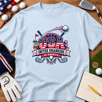 Light blue t-shirt featuring a red, white, and blue graphic that reads USA United Shankers of America with golf elements.