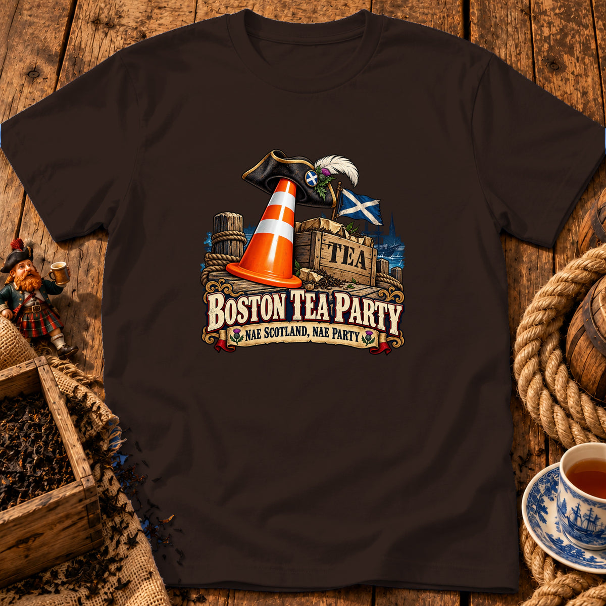 A dark brown t-shirt featuring a colorful graphic of a traffic cone topped with a Scottish-themed pirate hat and a crate labeled TEA, alongside the text "BOSTON TEA PARTY / NAE SCOTLAND, NAE PARTY".