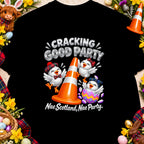 Three chicks wearing plaid accessories stand around an orange traffic cone with text "CRACKING GOOD PARTY Nae Scotland, Nae Party."
