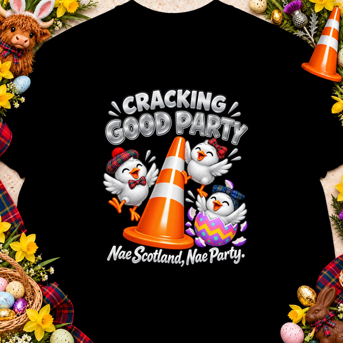 Three chicks wearing plaid accessories stand around an orange traffic cone with text "CRACKING GOOD PARTY Nae Scotland, Nae Party."