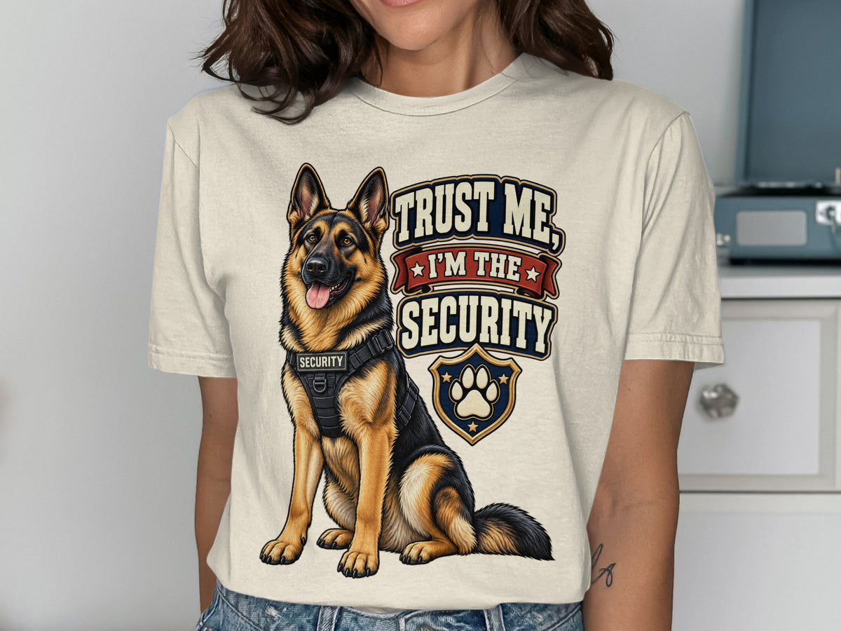 German Shepherd wearing security vest with text "Trust me, I'm the security."