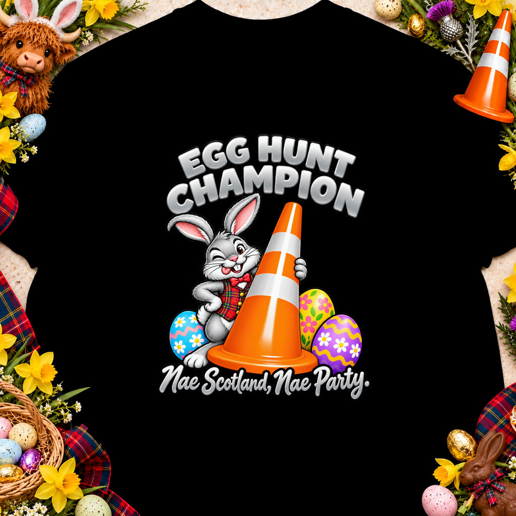 Bunny wearing a plaid vest holds a traffic cone with "Egg Hunt Champion" text.