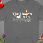 Grey t-shirt with text "The Haar's Rollin In" and traffic cone graphic.