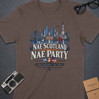 Brown t-shirt with Philadelphia skyline, "Nae Scotland Nae Party," and "Philadelphia Edition" text.
