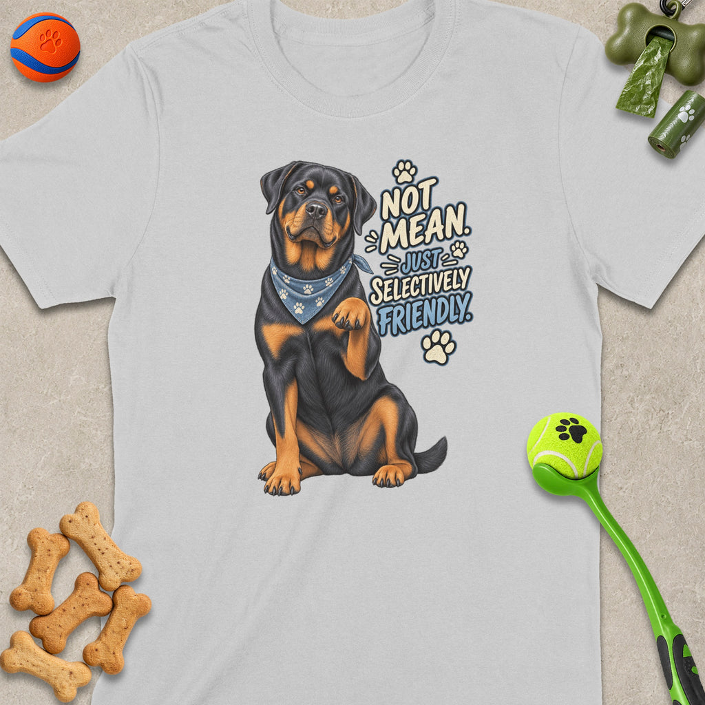 T-shirt with a Rottweiler illustration saying "Not mean. Just selectively friendly."