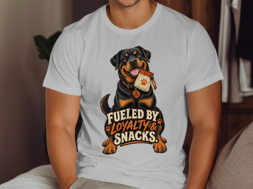 Rottweiler with treat bag says "Fueled by Loyalty & Snacks."