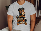 Rottweiler with treat bag says "Fueled by Loyalty & Snacks."