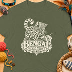 Bengal cat graphic with "BENGAL PLAY MODE" text on a green t-shirt.