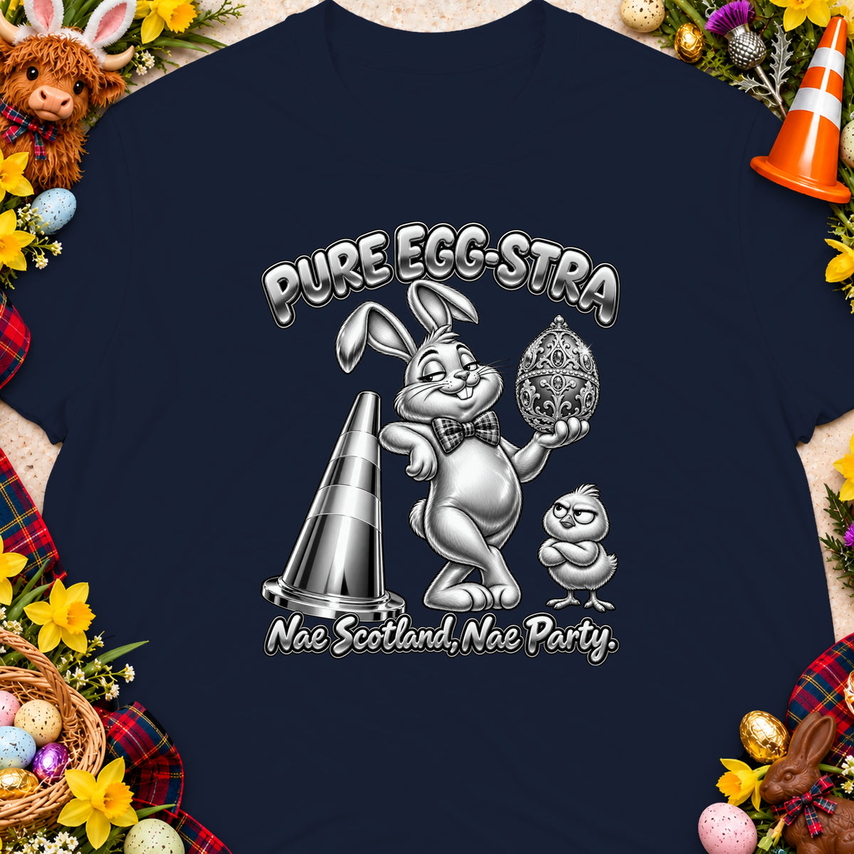 Bunny with egg and chick design on navy t-shirt, "Pure Egg-stra" and "Nae Scotland, Nae Party."