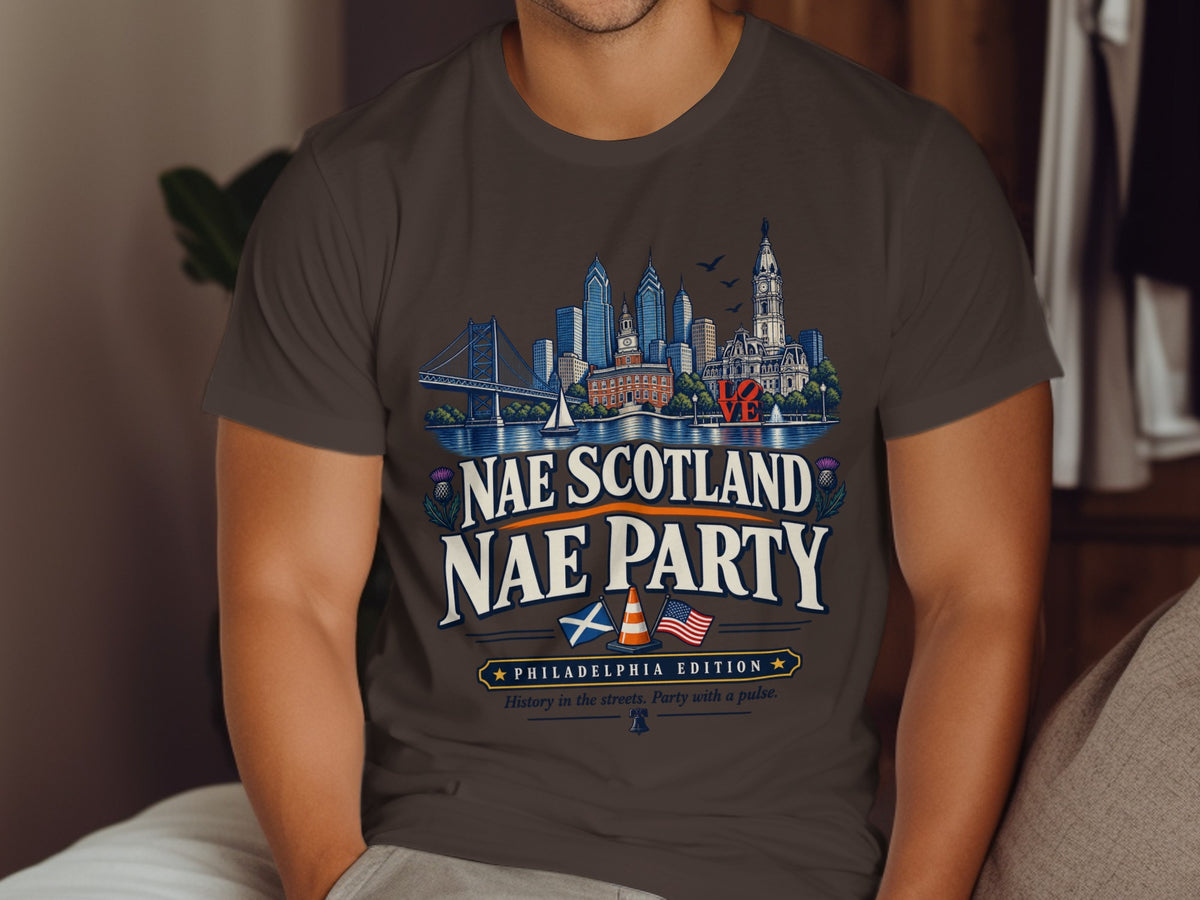 T-shirt with Philadelphia skyline and "Nae Scotland Nae Party" text.
