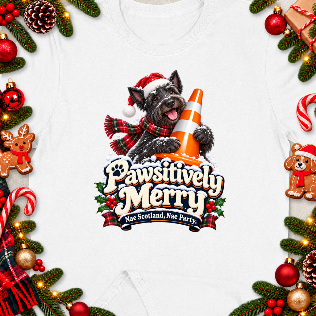 Scottish Terrier in Santa hat holding traffic cone with "Pawsitively Merry" text.