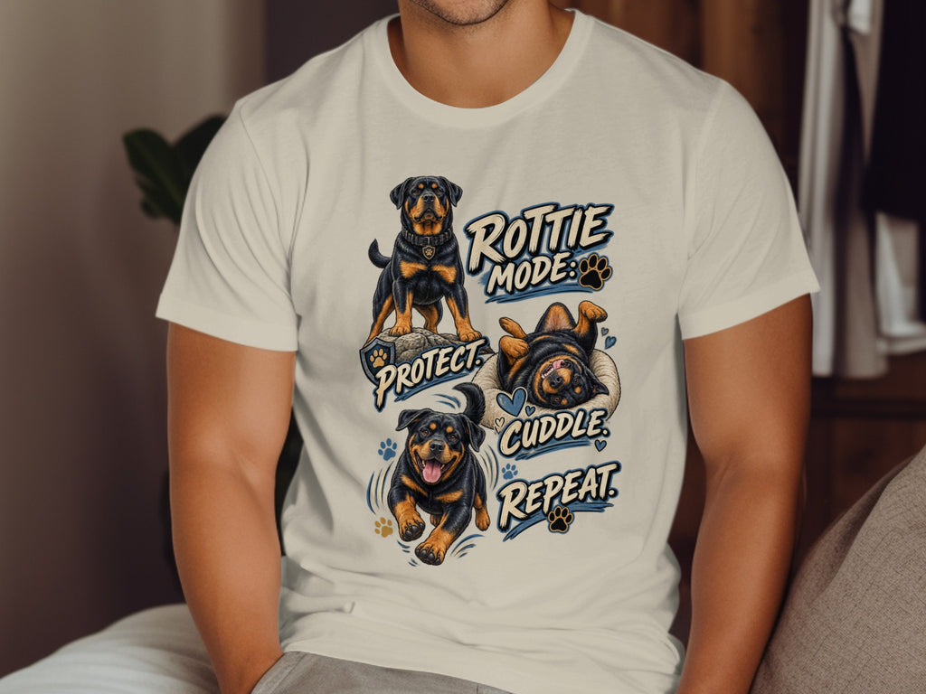 Rottie Mode: Protect, Cuddle, Repeat graphic with three playful Rottweilers.