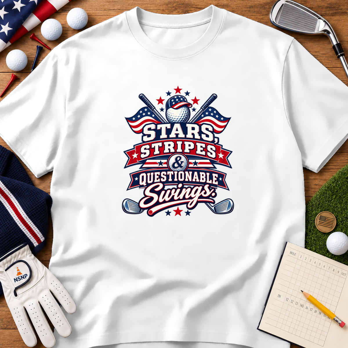 A white t-shirt featuring a red, white, and blue graphic with golf clubs and American flag elements.
