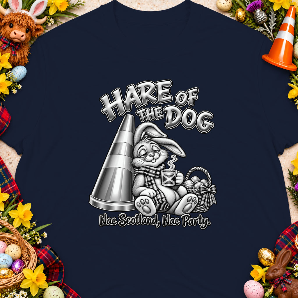 Bunny with coffee leaning on cone, "Hare of the Dog" text, "Nae Scotland, Nae Party."