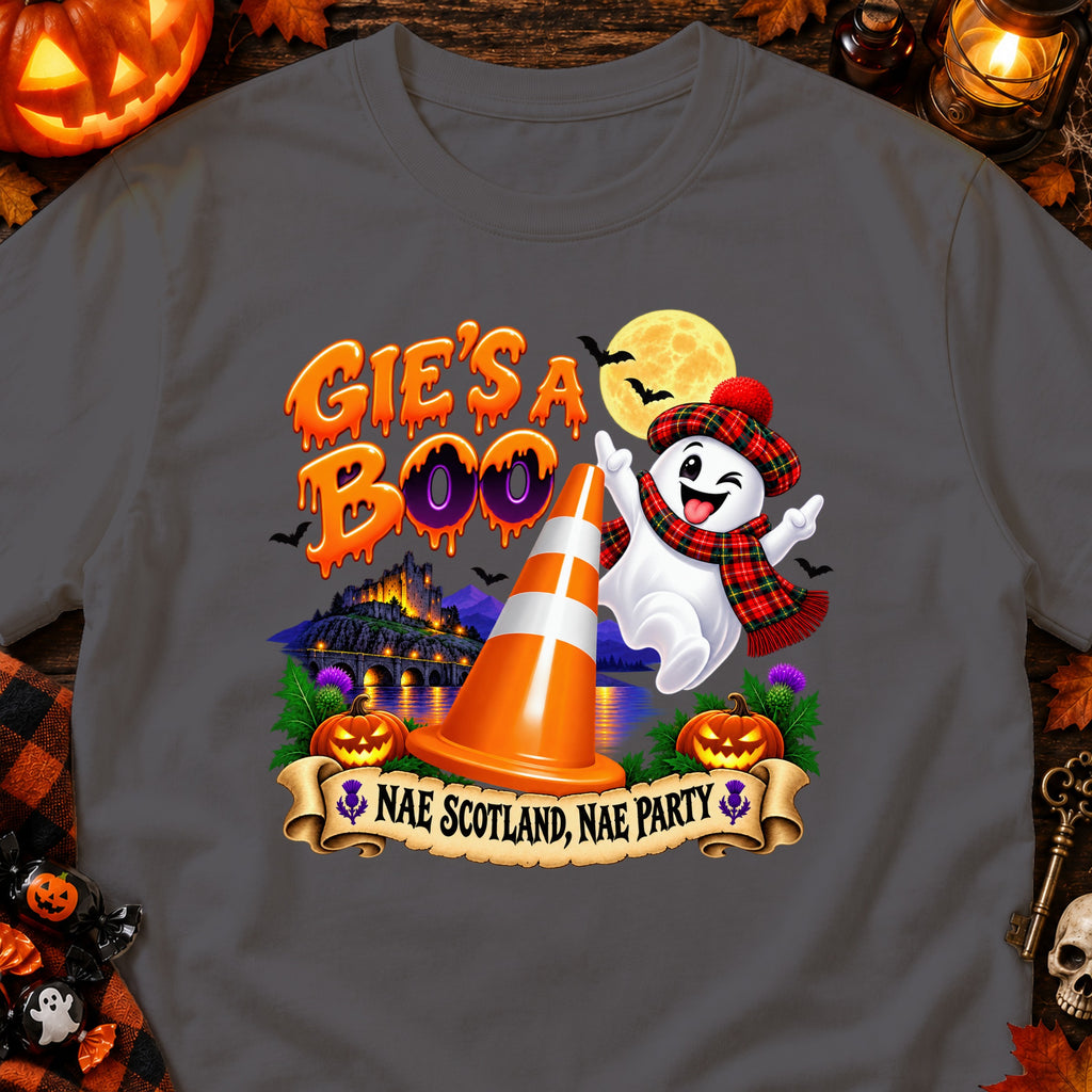 Ghost with tartan scarf and hat, traffic cone, castle, text "GIE'S A BOO" and "NAE SCOTLAND, NAE PARTY".