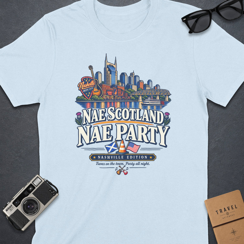 T-shirt with Nashville skyline, guitar, Scottish and American flags, and text.