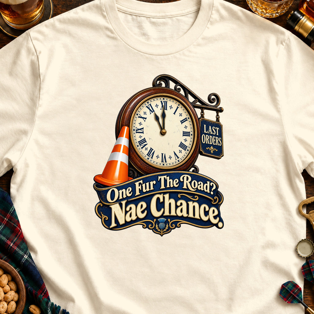 Cream t-shirt with a graphic of a clock, traffic cone, and text "One Fur The Road? Nae Chance".