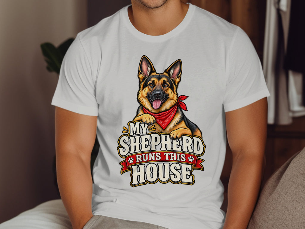 German Shepherd wearing a red bandana, text says "My Shepherd Runs This House".