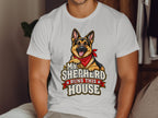 German Shepherd wearing a red bandana, text says "My Shepherd Runs This House".
