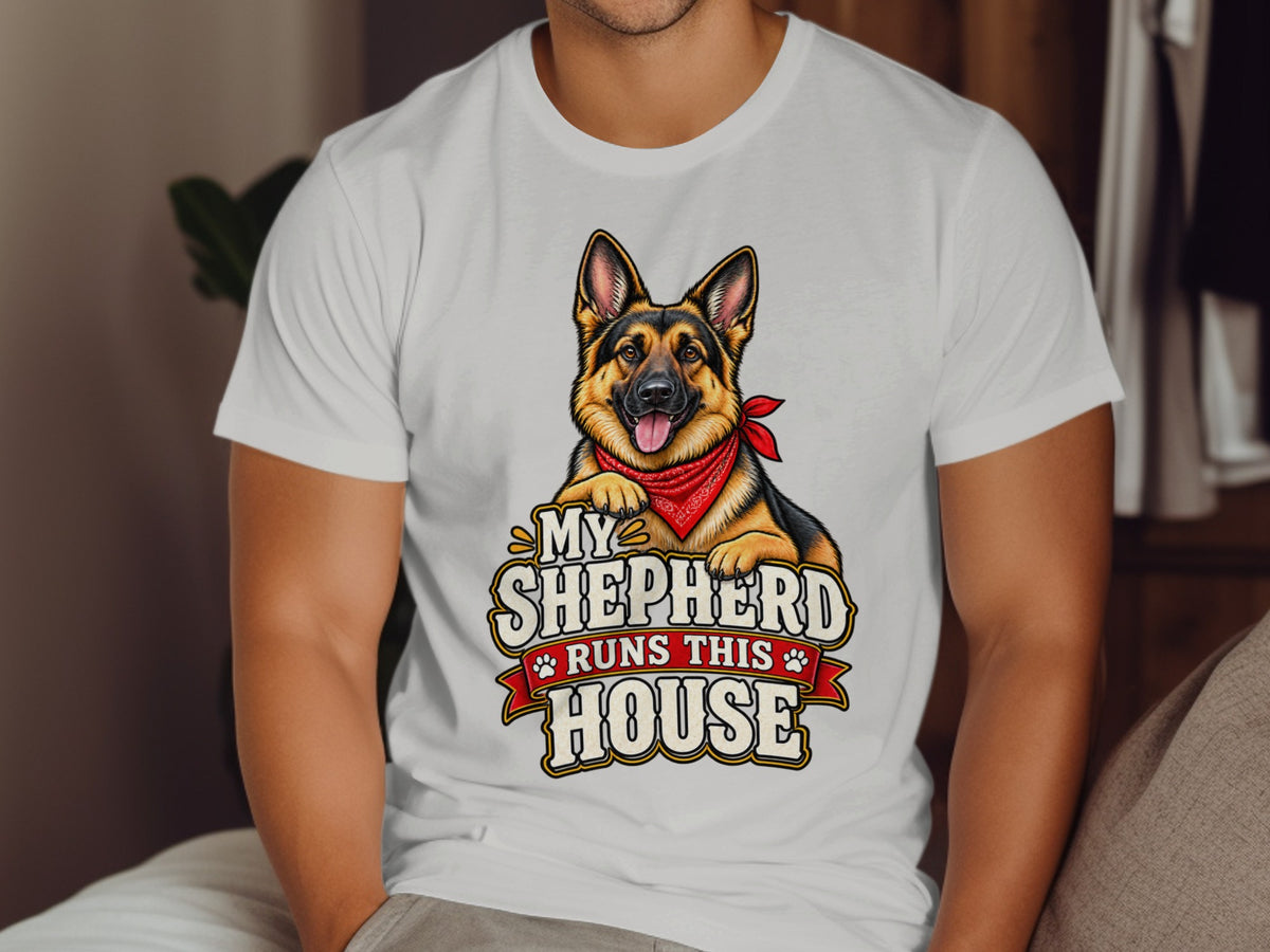 German Shepherd wearing a red bandana, text says "My Shepherd Runs This House".