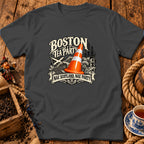 Dark gray t-shirt with a Boston Tea Party design featuring a traffic cone, Scottish flag, and text.