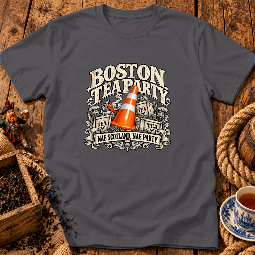A dark grey crewneck t-shirt featuring a graphic with a traffic cone and text reading Boston Tea Party Nae Scotland, Nae Party.