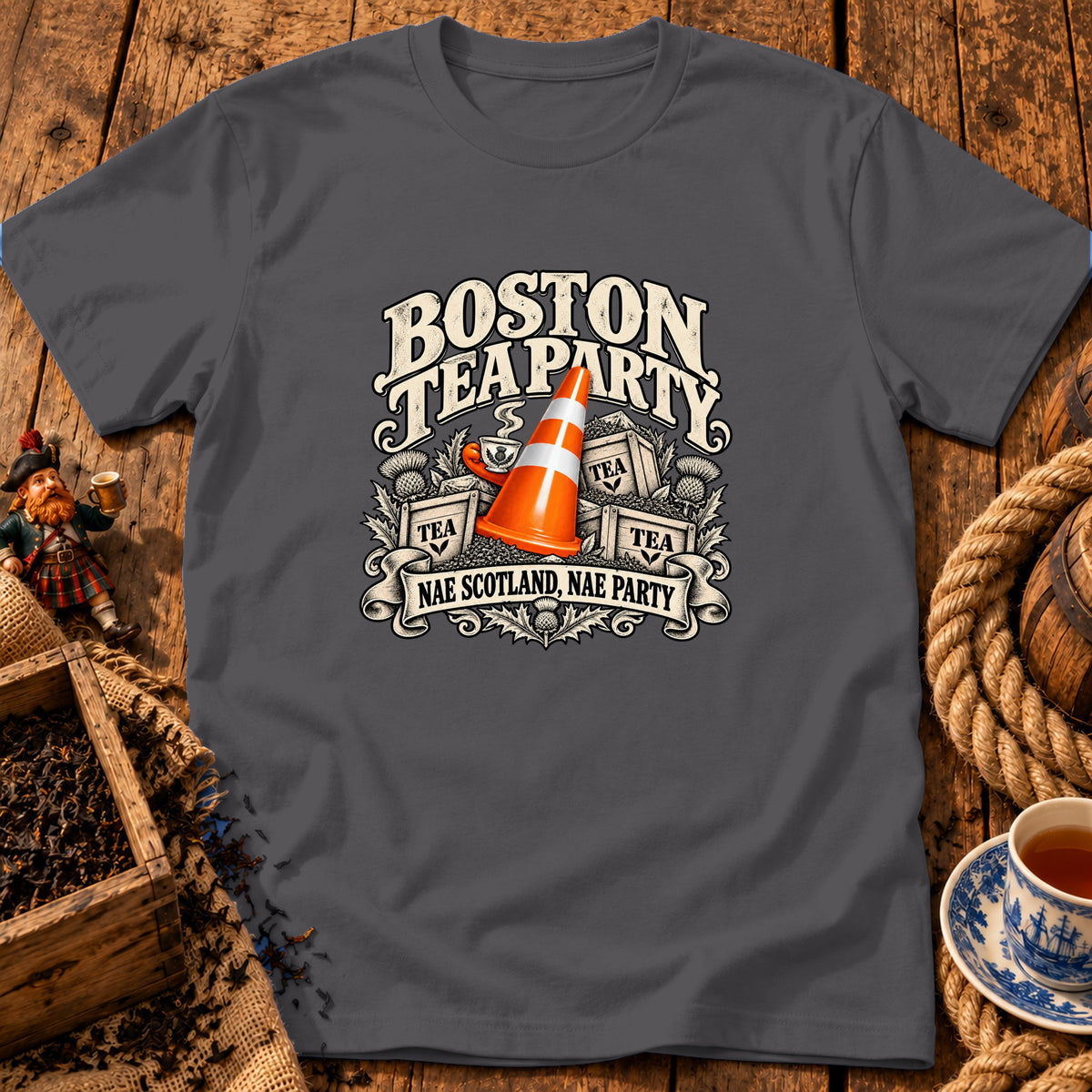 A dark grey crewneck t-shirt featuring a graphic with a traffic cone and text reading Boston Tea Party Nae Scotland, Nae Party.