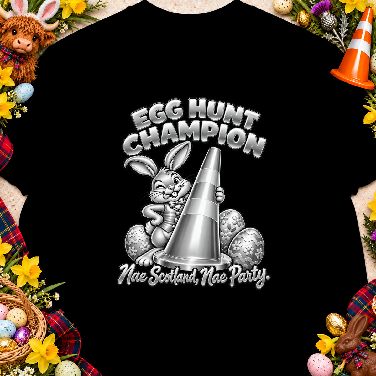 Cartoon bunny with a traffic cone and Easter eggs, text "Egg Hunt Champion".