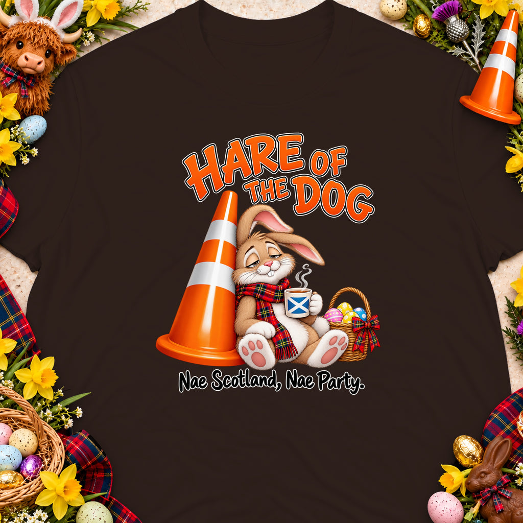 Brown t-shirt with a rabbit drinking coffee next to a traffic cone and Easter basket.