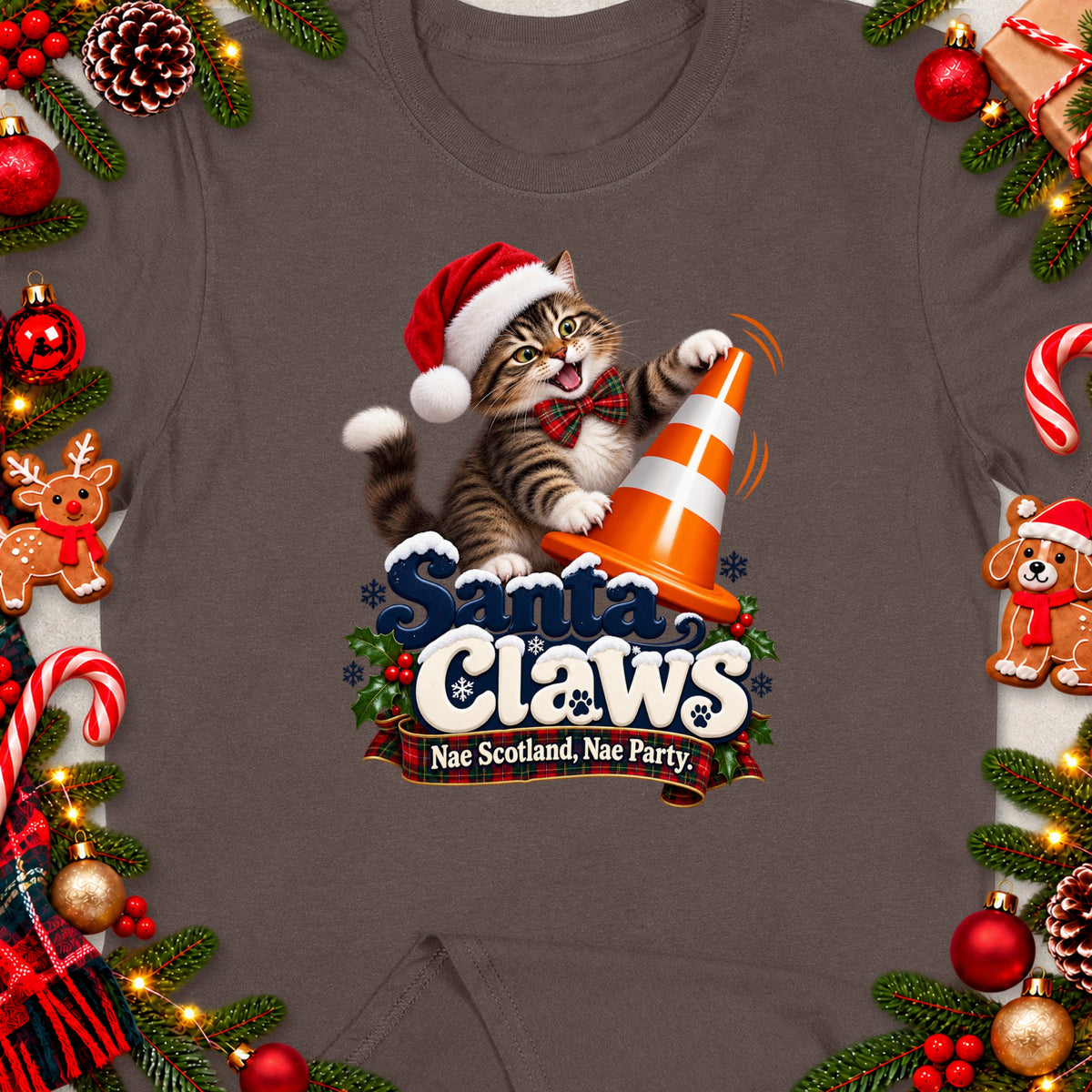 Cat in Santa hat playing with traffic cone and "Santa Claws" text.