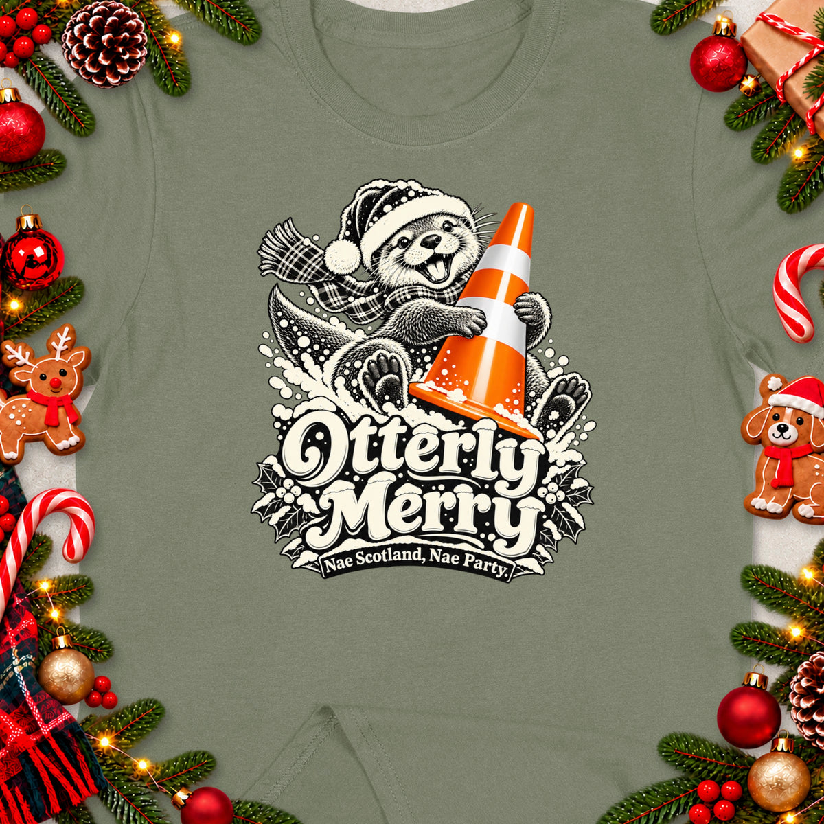 Otterly Merry text with otter holding traffic cone and festive border.