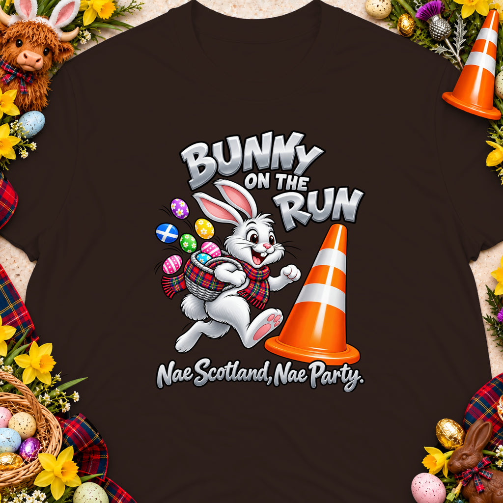 White bunny running with Easter eggs, traffic cone, and text "Bunny on the Run".