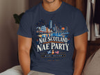 Navy t-shirt with "Nae Scotland Nae Party Miami Edition" text and beach cityscape graphic.
