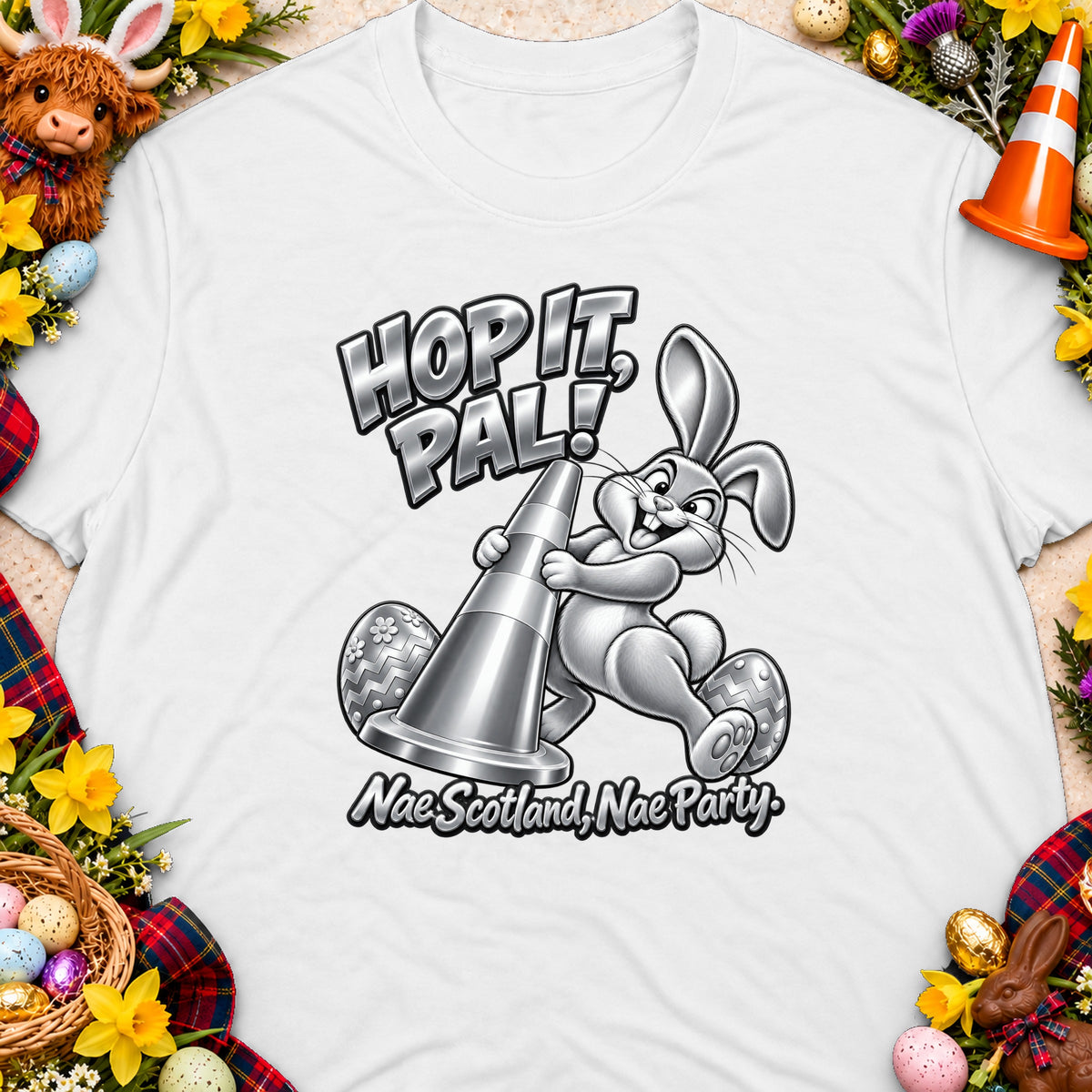 T-shirt with a cartoon bunny holding a traffic cone, text "Hop it, Pal!".
