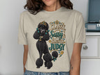 Black poodle wearing a crown and jewelry with text "Classy, Sassy & Slightly Judgy".