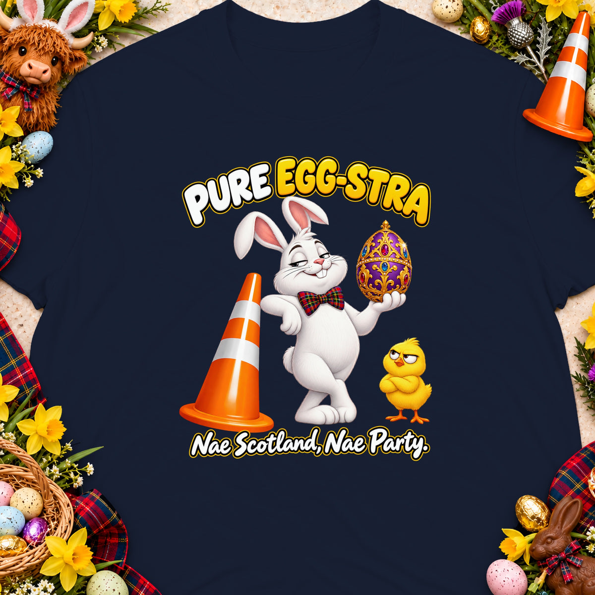 White Easter bunny holds jeweled egg near traffic cone, with chick and text "Pure Egg-stra" and "Nae Scotland, Nae Party."