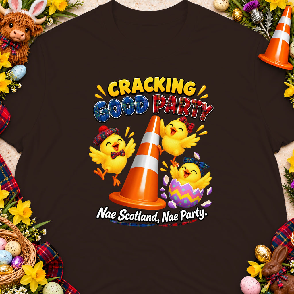 Three chicks wear plaid hats near a traffic cone. "Cracking Good Party" and "Nae Scotland, Nae Party." text.