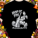Bunny character with traffic cone and text "Hop It, Pal! Nae Scotland, Nae Party."