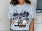 San Francisco skyline with Golden Gate Bridge and "Nae Scotland Nae Party" text.