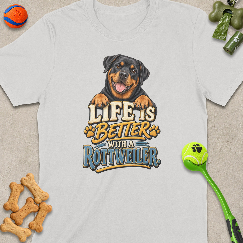 White t-shirt with Rottweiler graphic and text "Life is better with a Rottweiler".