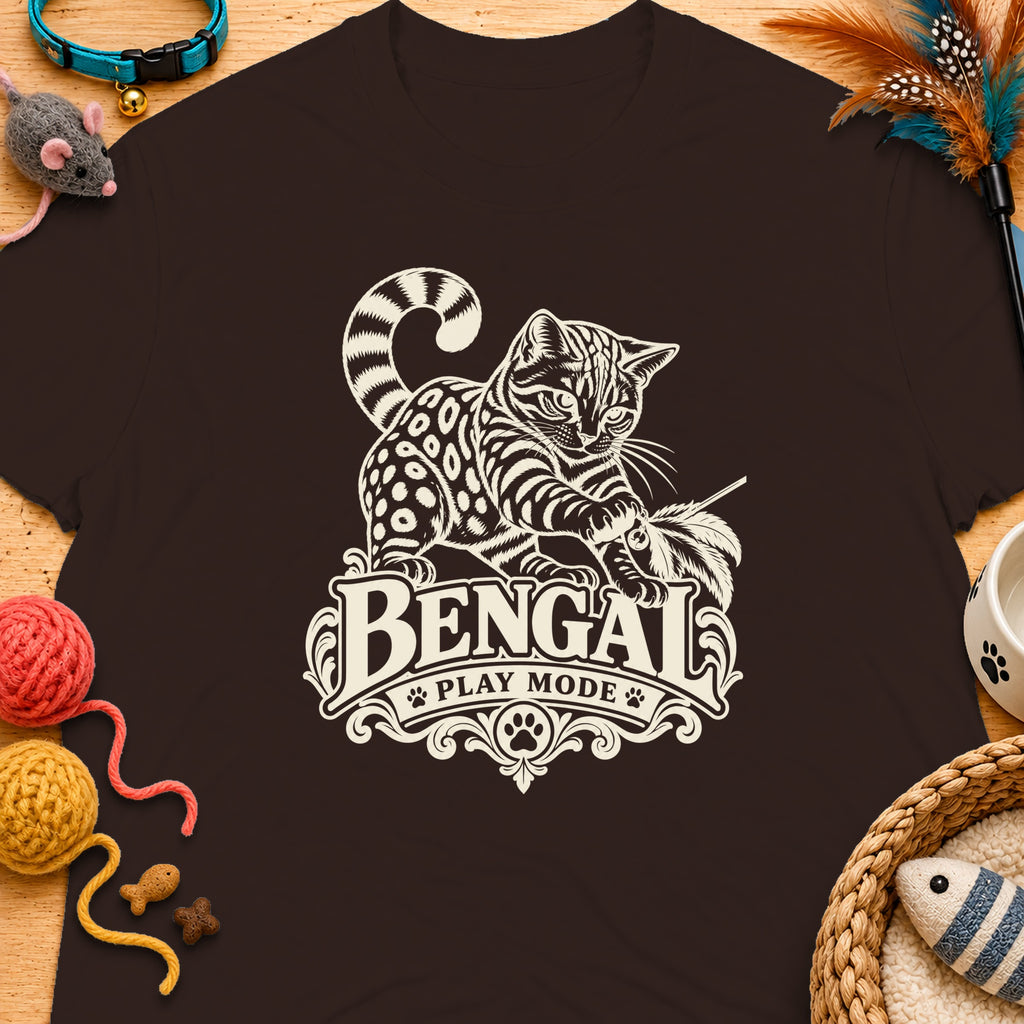 Brown t-shirt with "BENGAL PLAY MODE" text and a Bengal cat illustration.