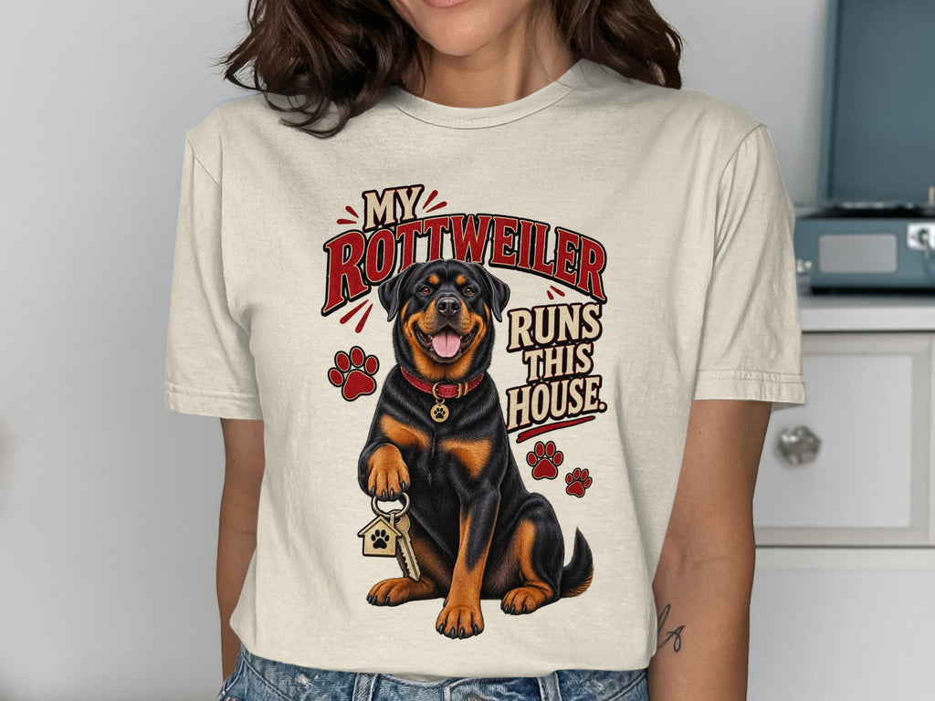 Rottweiler with house keys and text "My Rottweiler Runs This House".