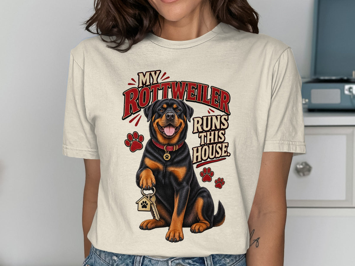 Rottweiler with house keys and text "My Rottweiler Runs This House".
