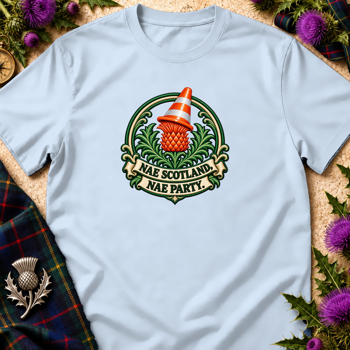 Light blue t-shirt featuring a thistle wearing a traffic cone with the text NAE SCOTLAND, NAE PARTY.