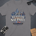 Grey t-shirt with Boston skyline graphic and "Nae Scotland Nae Party" text.