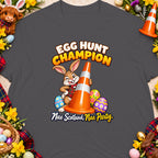 Easter bunny holding traffic cone with text "Egg Hunt Champion" and "Nae Scotland, Nae Party."