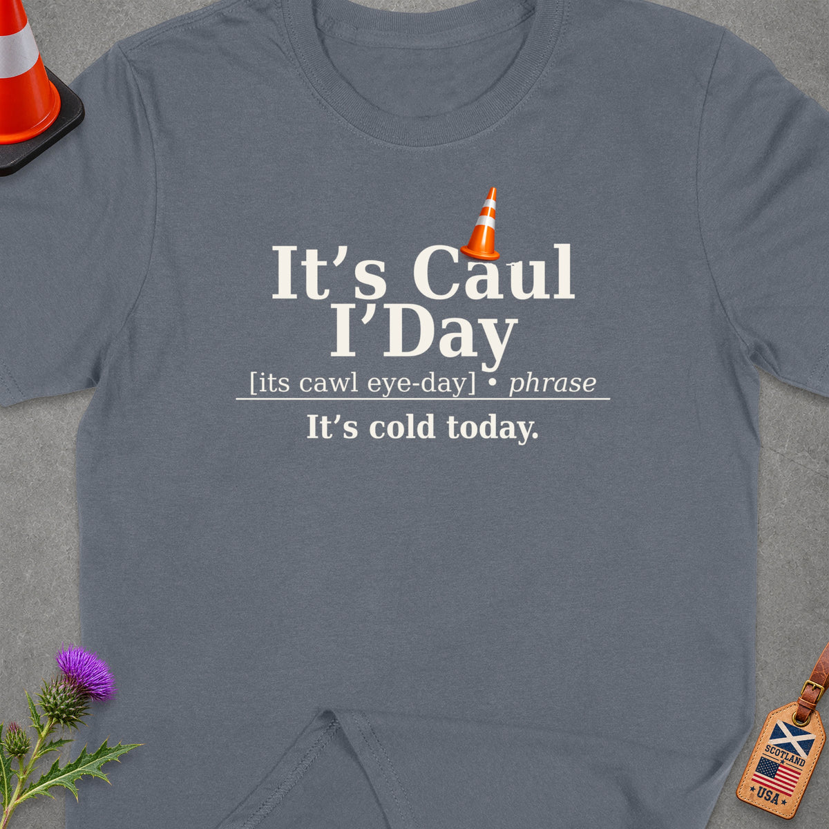 T-shirt with text "It's Caul I'Day" and definition "It's cold today".