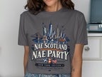 T-shirt graphic: New York skyline with "Nae Scotland Nae Party" text.