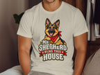 German Shepherd with red bandana and text "My Shepherd Runs This House."