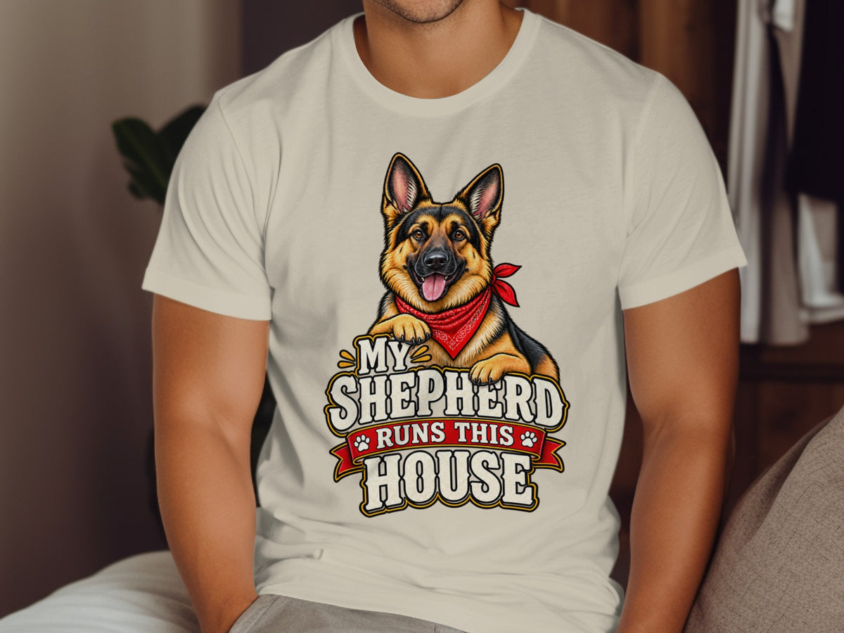 German Shepherd with red bandana and text "My Shepherd Runs This House."